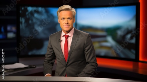 a photo of a tv news presenter on a popular channel. live stream broadcast on television. handsome mature white american british guy in a suit. weather forecast in a studio. Generative AI