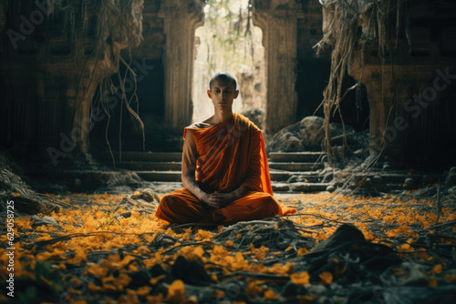 Spiritual Journey. Contemplative Buddhist Monk in Myanmar Embracing Tranquility. AI Generative