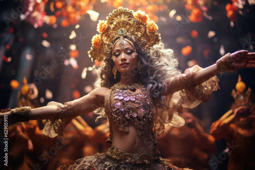 Exquisite Balinese Performance. An Elegant Dancer in Elaborate Traditional Dress. AI Generative