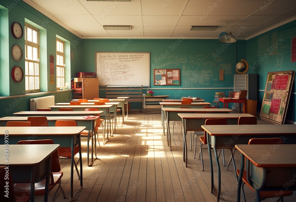 School classroom with chairsdesks and chalkboard School classroom with chairsdesks and chalkboard