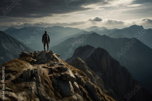 This image captures the essence of hiking and exploration, with a man taking in the breathtaking view from the top of a mountain with his backpack. Adventure awaits AI Generative. © sorapop