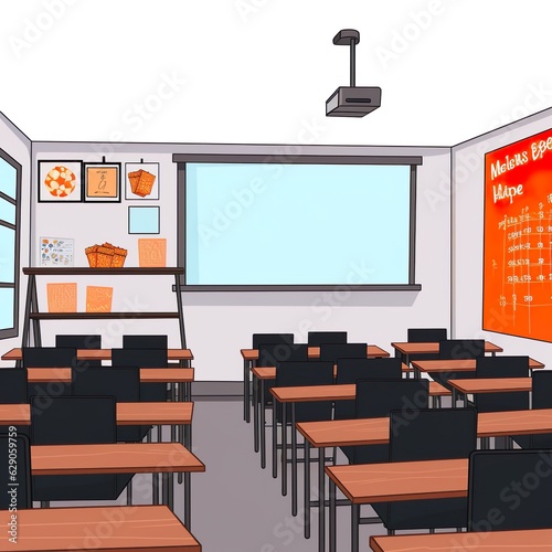 School classroom with chairsdesks and chalkboard