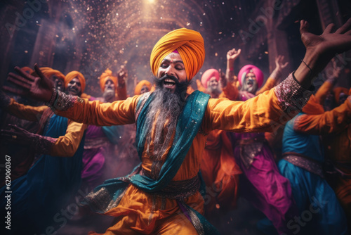 Energetic Bhangra Extravaganza. A Vibrant Group of Punjabi Bhangra Dancers Bring Colorful Cultural Traditions to Life. Dynamic Celebration  photo