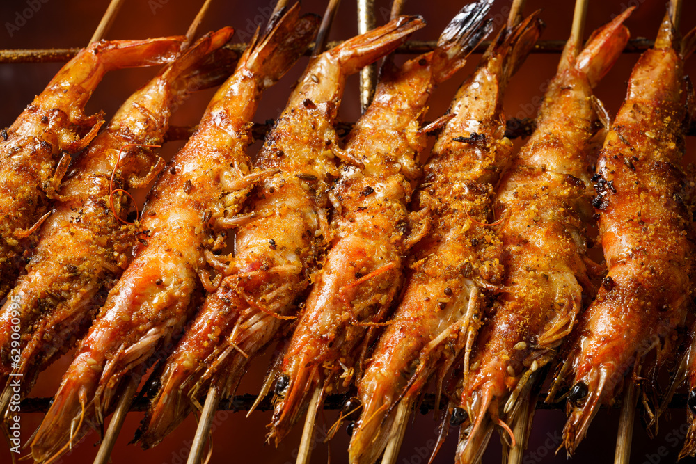 Chinese traditional food charcoal grilled prawns