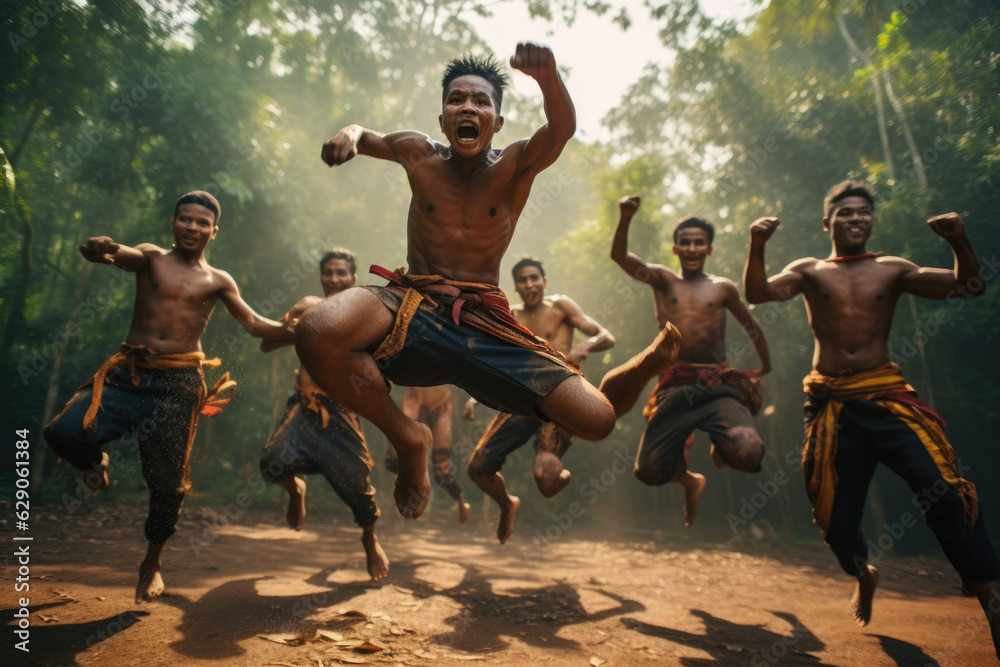 Obraz premium Muay Thai Mastery and High Spirits: A Joyful Group of Skillful Thai Fighters Showcasing Their Athletic Jumps 