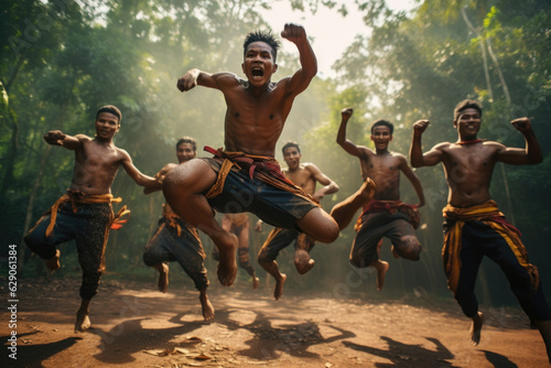 Muay Thai Mastery and High Spirits: A Joyful Group of Skillful Thai Fighters Showcasing Their Athletic Jumps 