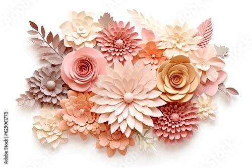 Whimsical Paper Garden: Isolated Cut Pastel-Colored Paper Flowers on White