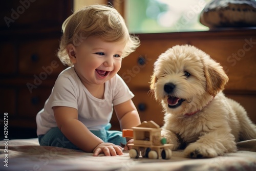 cute little young white american blonde caucasian baby playing with his dog puppy and car toys at home in his house playing room. Generative AI