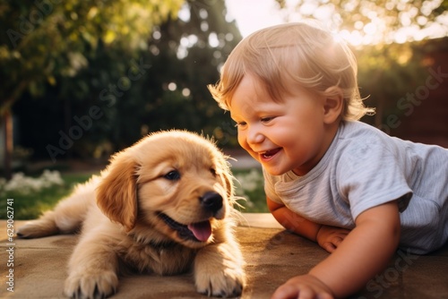 cute little young white american blonde caucasian baby playing with his dog puppy outside of his home in the garden on the grass. sunny golden hour day. Generative AI