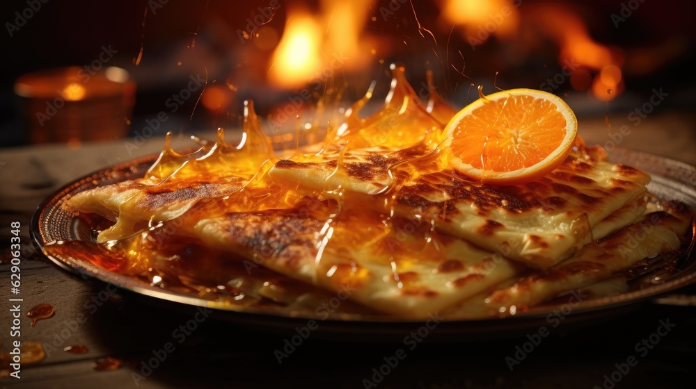 Perfectly flambeed crepes Suzette, orange and flames in the foreground. Generative AI Perfectly flambeed crepes Suzette, orange and flames in the foreground. Generative AI