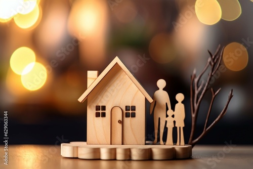 A cute family with little house in style of wood carvings Bokeh background Family concept