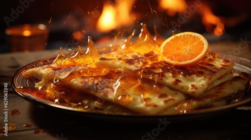 Perfectly flambeed crepes Suzette, orange and flames in the foreground. Generative AI photo