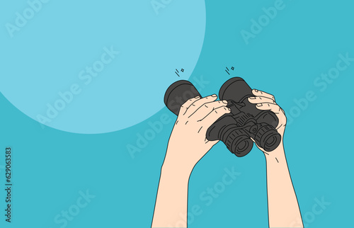 illustration Hand holding binoculars to see distant objects so they can be seen clearly