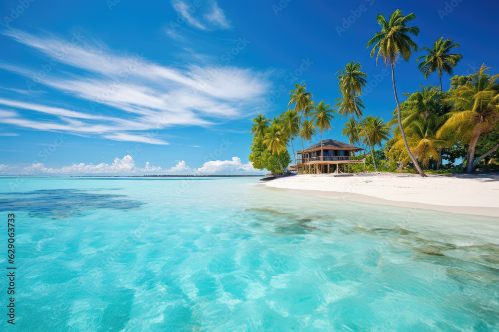 Maldivian Serenity. A Secluded Beach Offering Peace and Tranquility. Tropical beach with blue waters concept. AI Generative