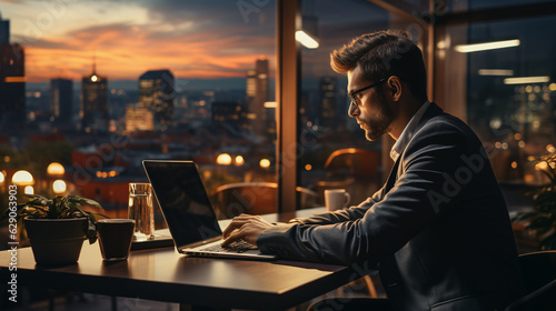 People working on laptop in office room background