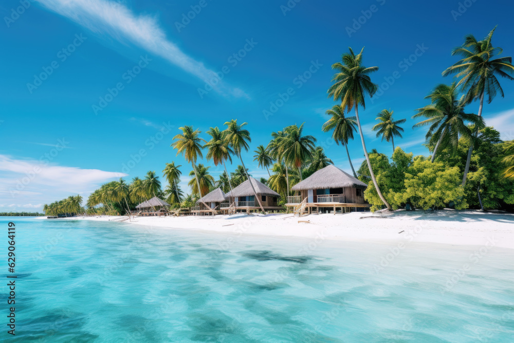 Fototapeta premium Maldivian Serenity. A Secluded Beach Offering Peace and Tranquility. Tropical beach with blue waters concept. AI Generative