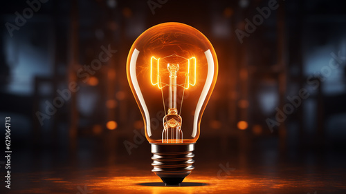 leuchtende Glühbirne in orangener Farbe mit dunklem Hintergrund. Generative Ai.