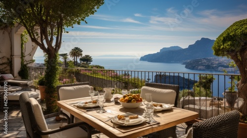 Luxurious villa nestled along the breathtaking Amalfi Coast of Italy  with panoramic views of the sparkling Mediterranean Sea and cliffside terraces