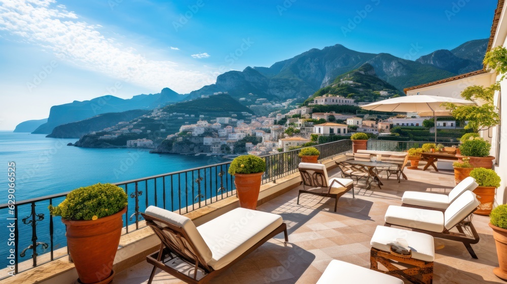 Luxurious villa nestled along the breathtaking Amalfi Coast of Italy, with panoramic views of the sparkling Mediterranean Sea and cliffside terraces