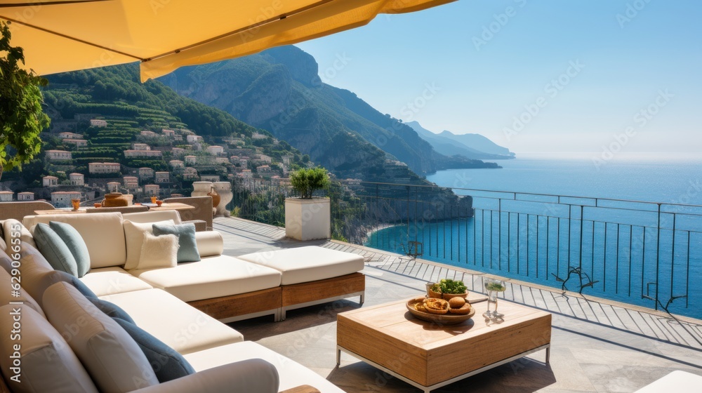 Fototapeta premium Luxurious villa nestled along the breathtaking Amalfi Coast of Italy, with panoramic views of the sparkling Mediterranean Sea and cliffside terraces