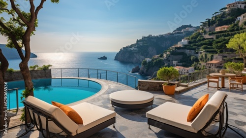 Luxurious villa nestled along the breathtaking Amalfi Coast of Italy, with panoramic views of the sparkling Mediterranean Sea and cliffside terraces © Damian Sobczyk