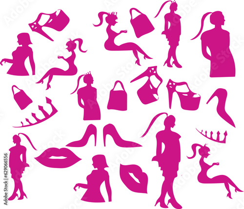 set of girls. fashion shopping girls. pink girl silhouette vector illustration