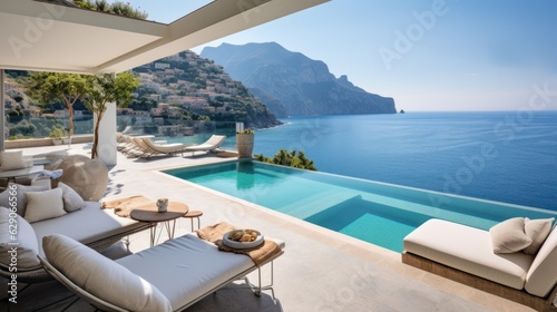 Luxurious villa nestled along the breathtaking Amalfi Coast of Italy  with panoramic views of the sparkling Mediterranean Sea and cliffside terraces