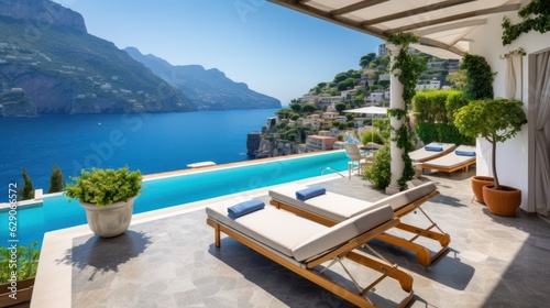 Luxurious villa nestled along the breathtaking Amalfi Coast of Italy, with panoramic views of the sparkling Mediterranean Sea and cliffside terraces © Damian Sobczyk