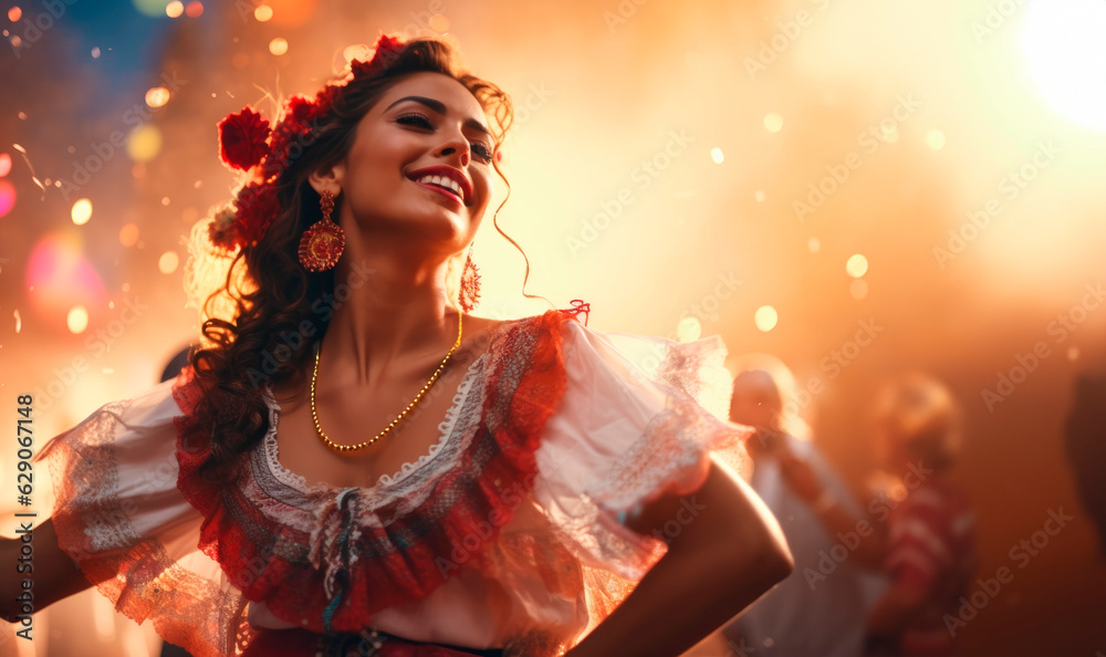 Φωτογραφία Vibrant Mexican Fiesta: Latina Lady in Traditional Mexican Dress Dancing at a Li