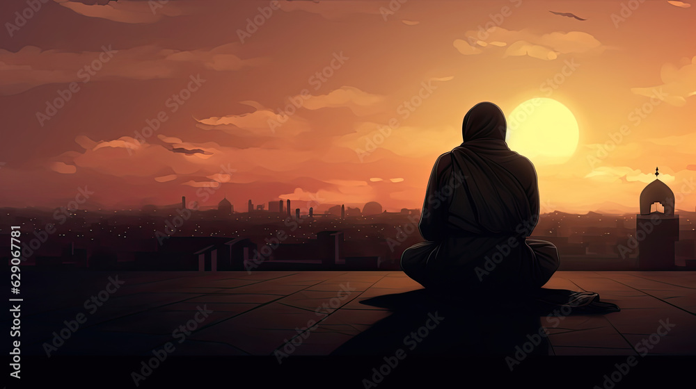 A Muslim man is facing the sunset and praying namaz or salah. Serene holy night background.
