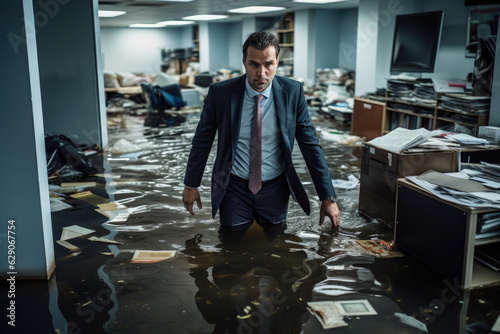 Businessman's Desolate Look at His Office Flooded. AI Generative photo