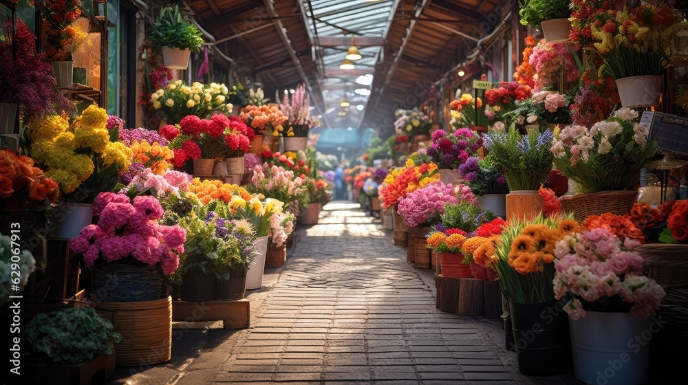 A vibrant flower market with a vast array of fresh blooms. Generative AI