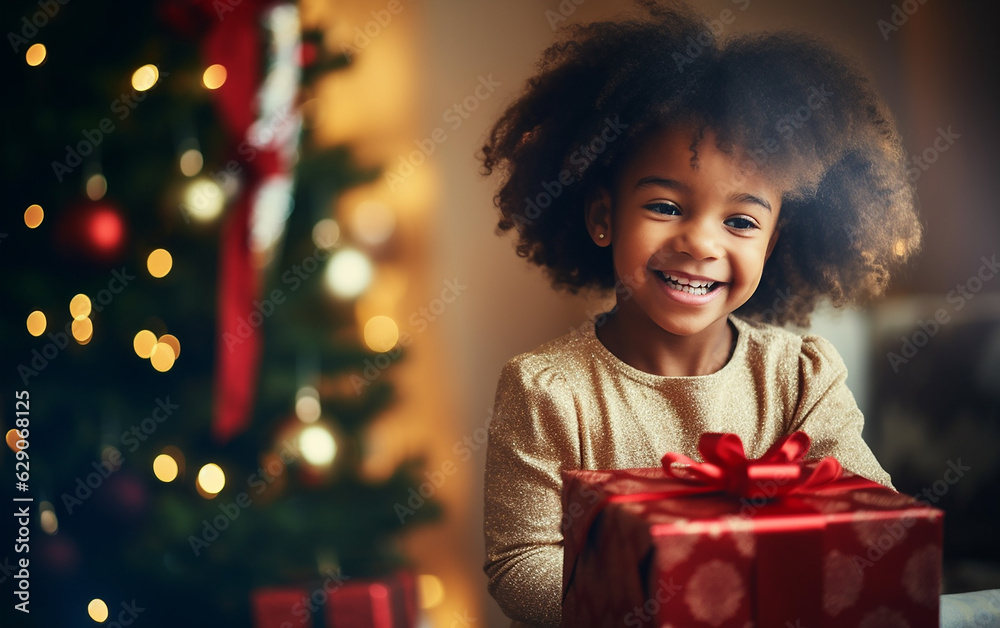 Black african american dark-skinned happy little smiling girl with Christmas gift box at home. Holidays and celebration concept Black african american dark-skinned happy little smiling girl with Christmas gift box at home. Holidays and celebration concept
