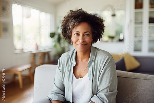 Psychological portrait of a peaceful middle-aged African American woman. She sits at home in a comfortable position. She is confident and happy. photo