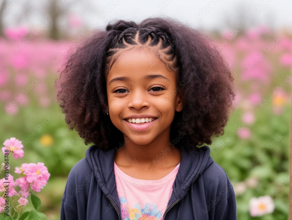 Portrait of smiling black girl in a dark jacket and pink shirt stands in front of vibrant field of blooming pink flowers Portrait of smiling black girl in a dark jacket and pink shirt stands in front of vibrant field of blooming pink flowers