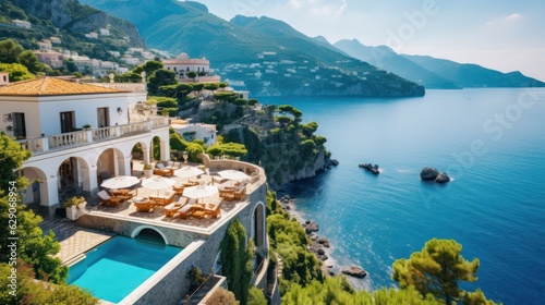 Luxurious villa nestled along the breathtaking Amalfi Coast of Italy, with panoramic views of the sparkling Mediterranean Sea and cliffside terraces