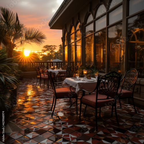  A patio with a photo of the sunset on the wall  