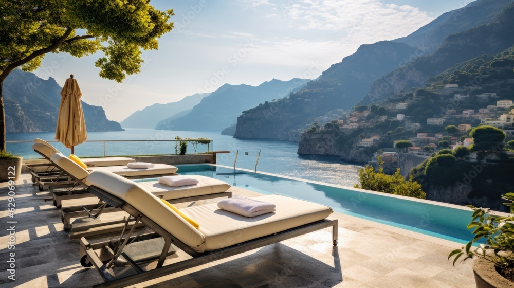Fototapeta premium Luxurious villa nestled along the breathtaking Amalfi Coast of Italy, with panoramic views of the sparkling Mediterranean Sea and cliffside terraces