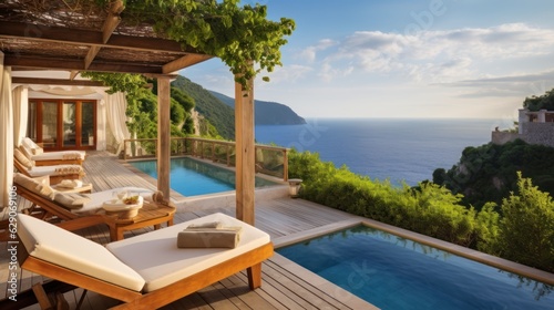 Luxurious villa nestled along the breathtaking Amalfi Coast of Italy, with panoramic views of the sparkling Mediterranean Sea and cliffside terraces