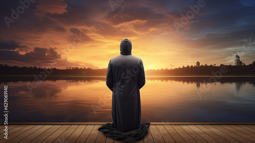 A Muslim man is facing the sunset and praying namaz or salah. Serene holy night background.