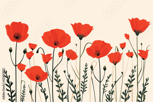 Hand-drawn cartoon Red poppies flat art Illustrations in minimalist vector style