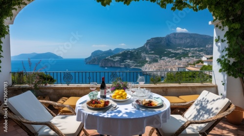 Luxurious villa nestled along the breathtaking Amalfi Coast of Italy, with panoramic views of the sparkling Mediterranean Sea and cliffside terraces