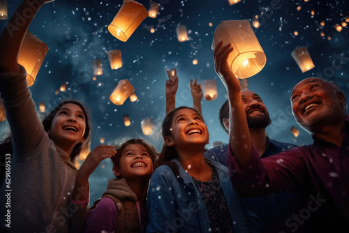 Cultural Unity: A Diverse Family Releasing Sky Lanterns, Embracing New Beginnings. Shared Joy Across Cultures: Family Celebrates with Sky Lanterns, Signifying Fresh Starts.