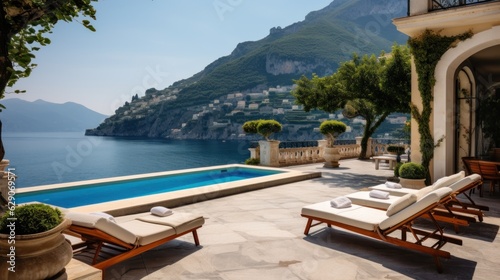 Photo Luxurious villa nestled along the breathtaking Amalfi Coast of Italy, with panor