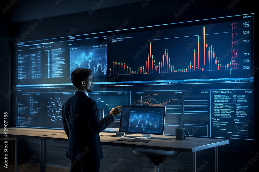 Fototapeta premium Businessman analyst working with digital finance business data graph showing technology of investment strategy
