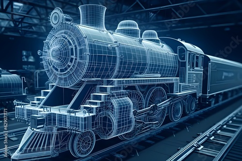 vintage steam train blue wireframe blue prints, old train wireframe standing on the station