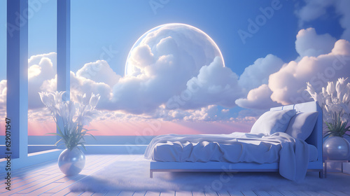 Modern barbie pink and blue bedroom with pink bed, window, and beautiful clouds. 3D rendering