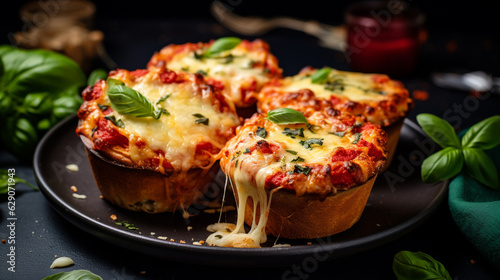 A mouthwatering deep dish pizza muffin, brimming with melted cheese, savory tomato sauce, and your favorite toppings, a delightful twist on a classic.