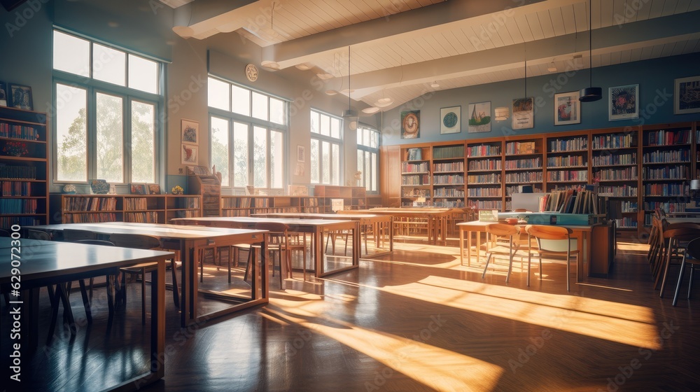 School library filled with books, with morning sunlight illuminating the room. Generative AI