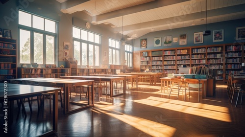 School library filled with books, with morning sunlight illuminating the room. Generative AI
